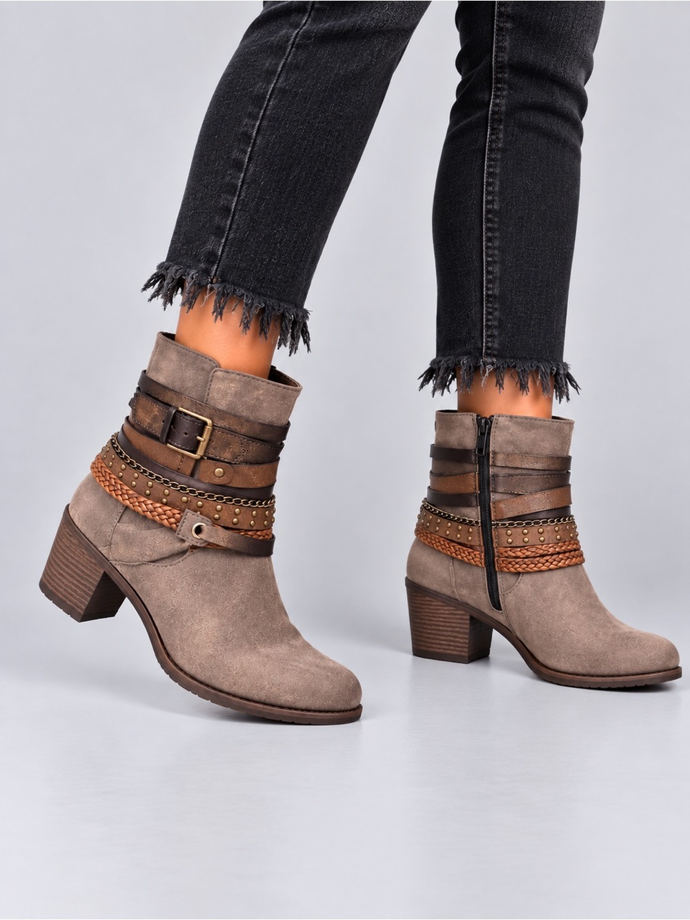 Jellypop Taupe Suede Ankle Boots with Brown Strap Details